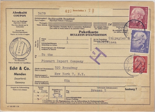 BRD - 3+2 M. + 20 Pfg. Heuss, Paketkarte n. USA, Iserlohn Zoll (!!) - New York