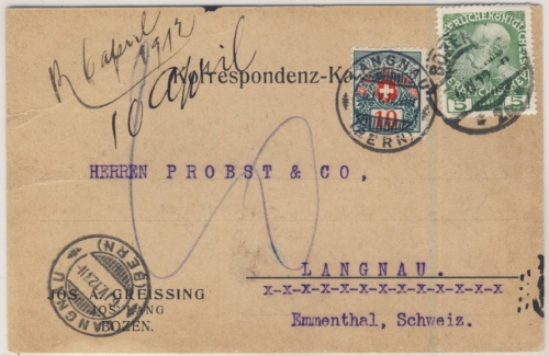 Österreich - 5 H. FJ Karte Nachporto i.d. SCHWEIZ Bozen - Langnau 1912
