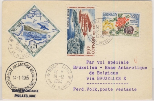 Monaco - 0,04 Fr. Flug-Rally u.a., Karte Monte Carlo - Brüssel- Base Antarctique