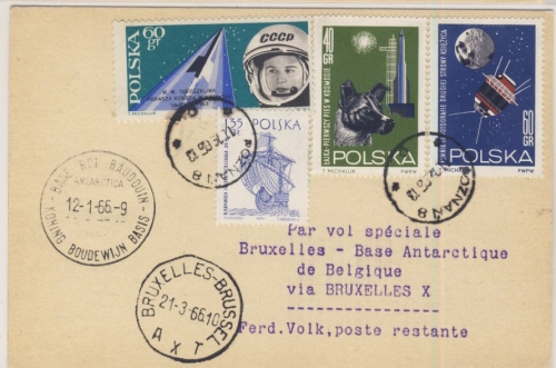 Polen - 60 Gr. Weltraumforschung u.a., Karte Poznan - Base Roi Baudouin 1965