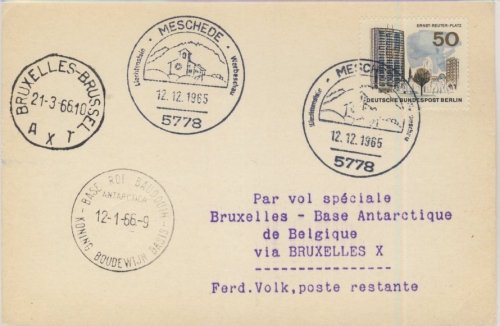 Berlin - 50 Pfg. Neu-Berlin, Karte SST Meschede - Base Roi Baudouin 1965
