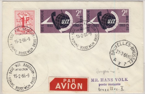 Belgien - 2x2 Fr. 100 J. UIT, Lupo-Brief Base Roi Baudouin - Brüssel 1965
