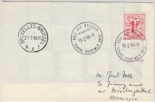 Belgien - 1 Fr. Löwe, Brief Base de Baudouin - Brüssel - Mönchengladbach 1966