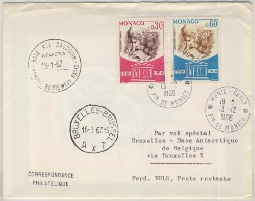 Monaco - 0,30+0,50 Fr. 20 J. UNESCO, Brief Monte Carlo - Base Roi Baudouin 1966