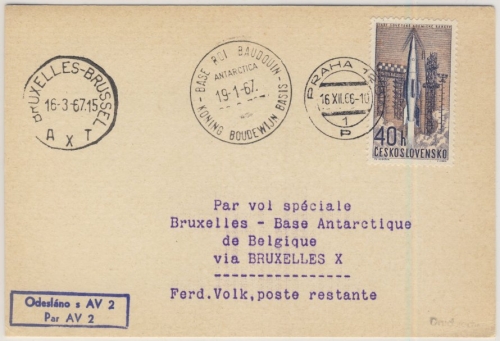 CSSR - 0,40 K. Weltraumforschung, Lupo-Karte Prag - Base Roi Baudouin 1966