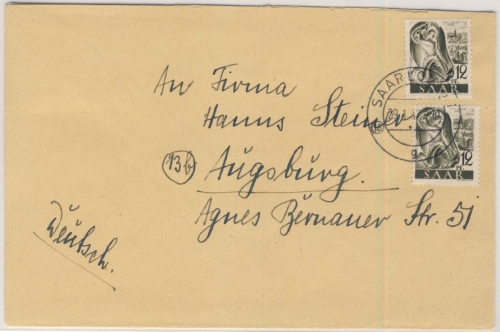 Saarland - 2x12 Pfg. Hauer, Brief (18) Saarbücken - Augsburg 1947