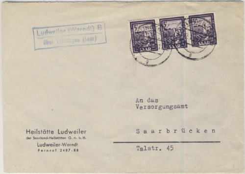 Saarland - Ludweiler (Warndt) B ü. Völklingen Landpost-Ra2 Brief 1952 n.