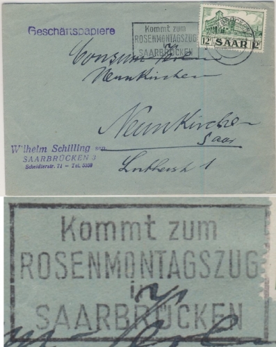 Saarland - Kommt zum Rosenmontagszug..., Masch.werbestempel, Geschäftspapiere