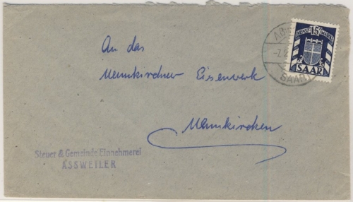 Saarland - 15 Fr. Dienstmarke, Brief Assweiler - Neunkirchen 1952