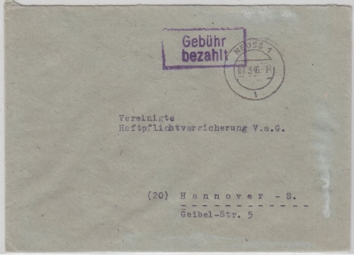 All.Bes. - Gebühr bezahlt, viol. Ra2 a. Brief Neuss 1 - Hannover 1946