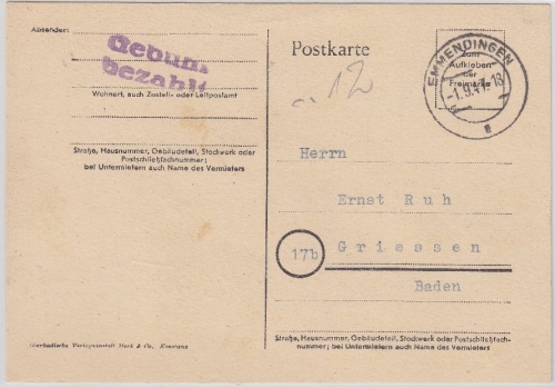 All.Bes. - Gebühr bezahlt, roter Ra1, viol. L2 a. Karte Emmendingen - Griessen