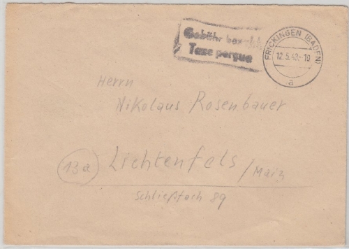 All.Bes. - Gebühr bezahlt/Taxe percue schwarzer Ra2 Brief Frickingen 1948 n.