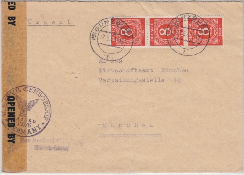 Kontrollrat - 3x8 Pfg. Ziffer, Zensurbrief Günzburg - München 1947
