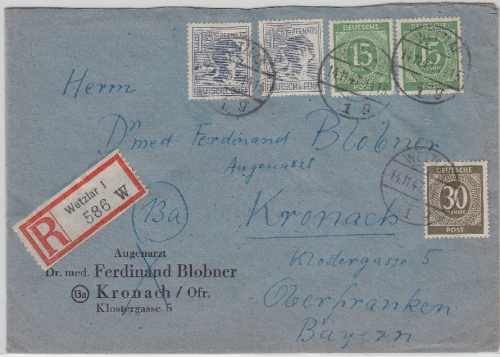 Kontrollrat - 30 Pfg. Ziffer u.a., Einschreibebrief Wetzlar - Kronach 1947