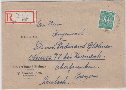 Kontrollrat - 84 Pfg. Ziffer, Einschreibebrief Asslar - Neuses b. Kronach 1947