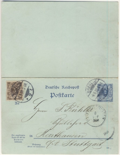 DR - 2/2 Pfg. Krone/Adler Antwort-GA+Zusatz, Breslau - Harthausen 1900, A-Teil