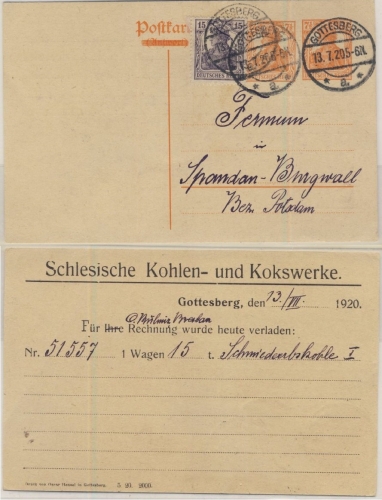 DR - 7 1/2+ 7 1/2 Pfg. Germania GA-Karte (priv. Zudruck)+Zusatz Gottesberg 1920