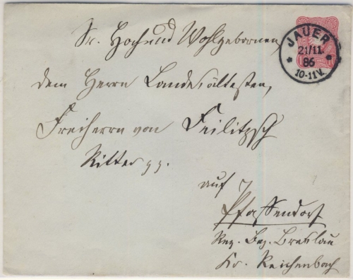 DR - 10 Pfg. Ganzsache Brief K1 Jauer - Paffendorf 1886, ohne Inhalt