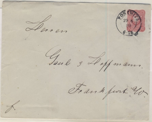 DR - Pontwitz 1889 nachverwendeter Preussen-K2 10 Pfg. Ganzsache n. Frankfurt/O.