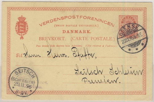 DR - Seitsch (Schlesien) 1896 KOS Ankunftsstpl. schwed. 10 Ö. GA-Karte v. Odense