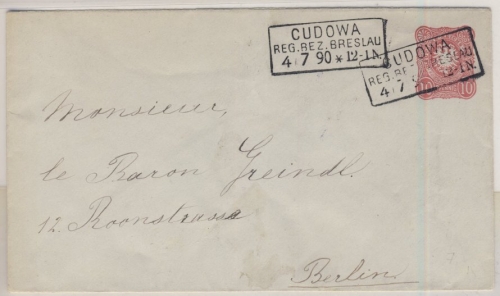 DR - Cudowa Reg.Bez. Breslau 1890 Ra3 a. 10 Pfg. GA-Umschlag n. Berlin