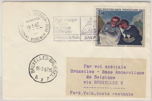 Frankreich - 1 F. Gemälde, Brief Paris - Brüssel - Base Roi Baudouin 1966