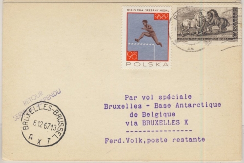 Polen - 90 Gr. Hürdenläufer u.a., Karte Poznan - Brüssel - Base Antarctique