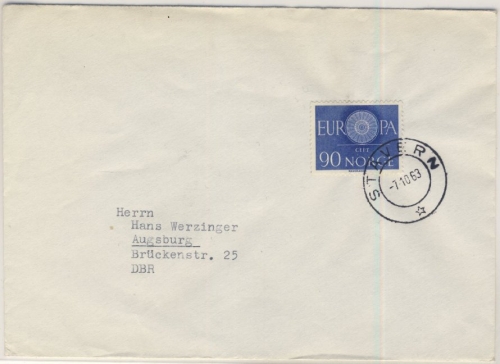 Norwegen - 90 Ö. Europa 1960, Brief Stavern - Augsburg 1963