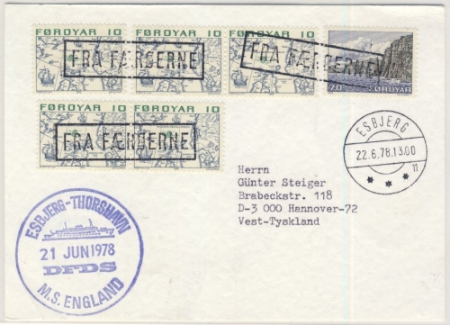 Dänemark/Färöer - 5x10+70 Ö. Freimarken, Schiffspostkarte MS England, Esbjerg -