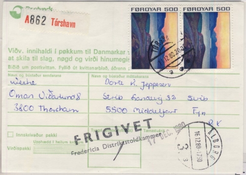 Dänemark/Färöer - 2x500 Ö. Freimarken, Wertpaketkarte(?) Torshavn - Aalborg 1980