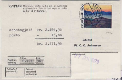 Dänemark/Färöer - 500 Ö. Freimarke, Einzahlungsquittung(?) Torshavn 1979