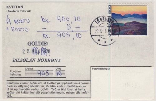 Dänemark/Färöer - 500 Ö. Freimarke, Einzahlungsquittung(?) Torshavn 1978