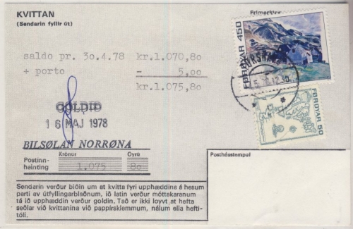 Dänemark/Färöer - 450+50 Ö. Freimarken, Einzahlungsquittung(?) Torshavn 1978