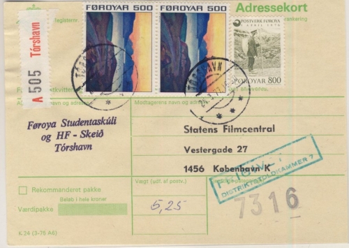 Dänemark/Färöer - 2x500+800 Ö. Freimarken/Postwesen, Wertpaketkarte(?) Torshavn