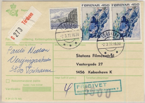 Dänemark/Färöer - 2x450+200 Ö. Freimarken, Wertpaketkarte(?) Torshavn -