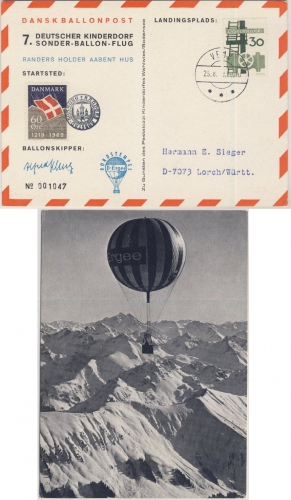Dänemark - 7. Dt. Kinderdorf Sonder-Ballon-Flug, Karte Vemb - Lorch 1969