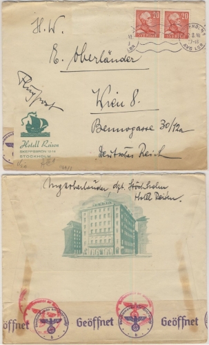 Schweden - 2x20 Ö. König Gustav, Zensurbrief (Hotel !) Stockholm - Wien 1940