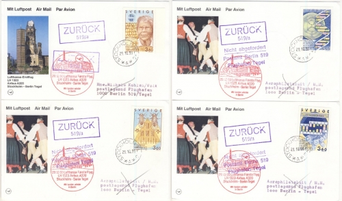 Schweden - Nobelpreisträger 1989, Satz a. 4 Erstflugkarten Stockholm - Berlin