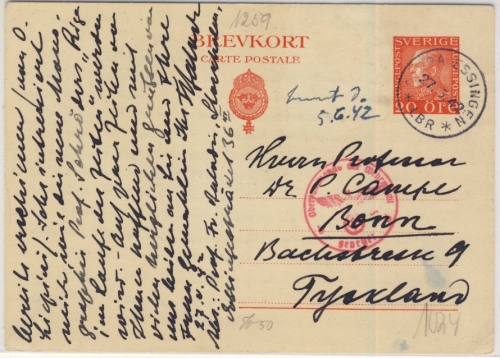 Schweden - 20 Ö. König Gustav, GA-Karte Stora Essingen - Bonn 1942