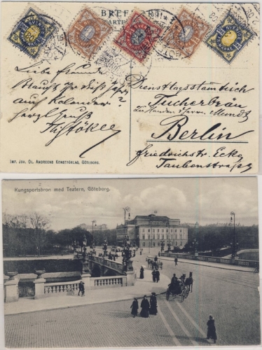 Schweden - 2x1+2x2+4 Ö. Ziffern, AK (Kungsportsbron) Göteborg - Berlin 1908