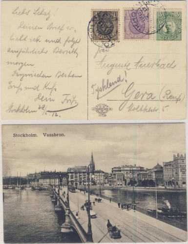 Schweden - 4 Ö. Wappen u.a., AK (Vasabron) Stockholm - Gera 1912