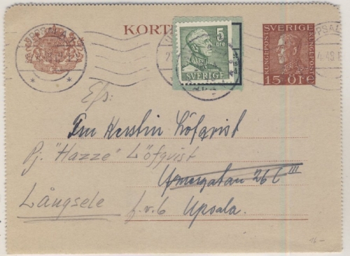 Schweden - 15 Ö. König Gustav, GA-Kartenbrief Upsala 1948, Nachporto