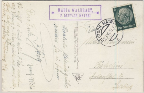 Österreich - Postablage Maria Waldrast P. Deutsch Matrei, Ansichtskarte 1939 n.