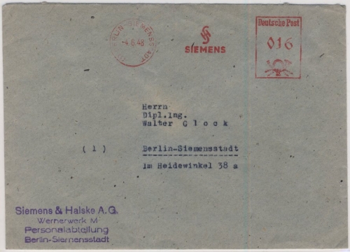 Berlin - 16 Pfg. AFS "Siemens", Ortsbrief Berlin-Siemensstadt 4.6.48