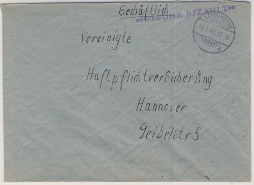 All.Bes. - Gebühr bezahlt viol. L1 Brief Schwindegg - Hannover 1946