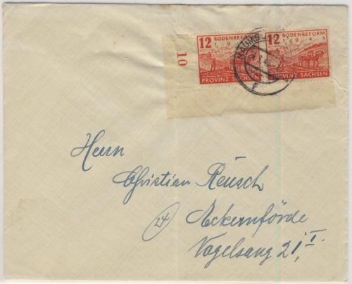 SBZ/Sachsen - 2x12 Pfg. Bodenreform Zigarettenpapier, Bogenecke a. Brief 1946