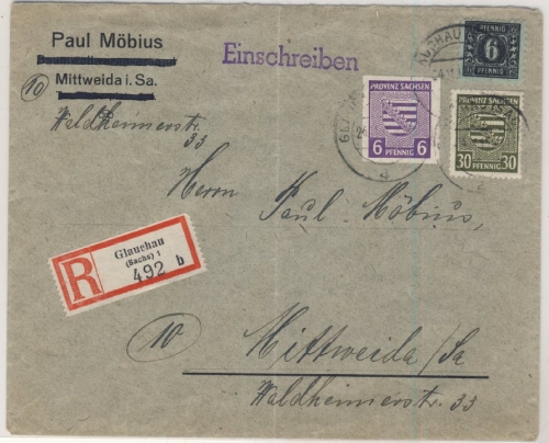 SBZ - Einschreibebrief Glauchau - Mittweida 1945, interessante Mischfrankatur !