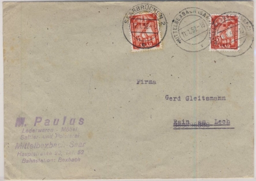 Saaland - 2x15 Fr. Freimarken, Brief Mittelbexbach - Rain a. Lech 1952
