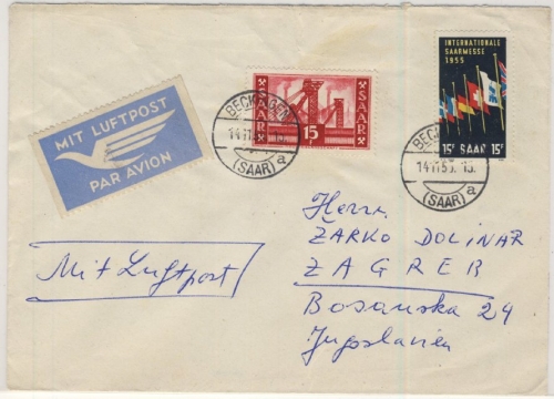 Saaland - 15 Fr. Saarmesse 1955 u.a., LupoBrief n. KROATIEN, Beckingen - Zagreb