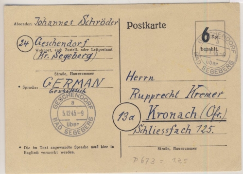All.Bes. - 6 Pfg. Behelfs-GA-Karte, Geschendorf ü. Bad Segeberg - Kronach 1946